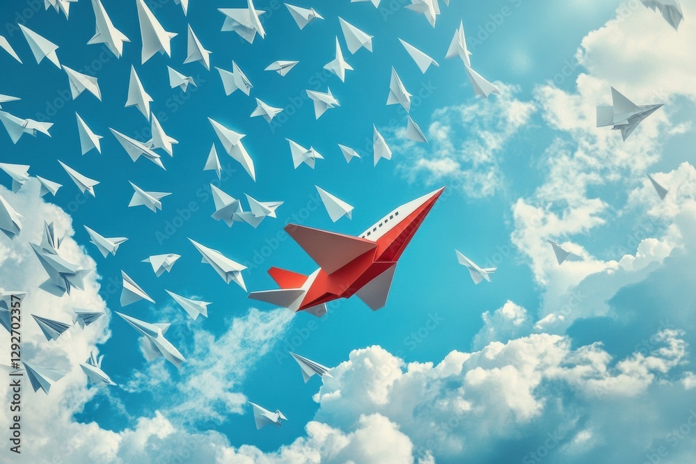 Poster red and white airplane leading a formation of smaller paper planes in a clear blue sky. generative a