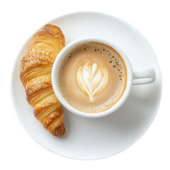 cup of coffee and croissant isolated on transparent white background, clipping path