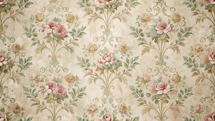 Distressed vintage wallpaper featuring a classic floral flock style with intricate patterns and muted pastel colors, wallpaper