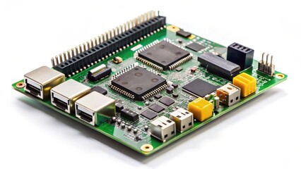 Raspberry Pi single-board computer with various components and wires connected, technology, circuit