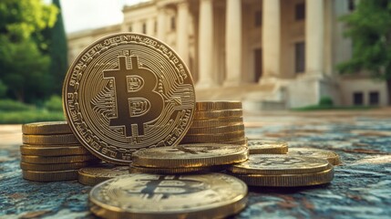 Bitcoin coins stacked near a historic building