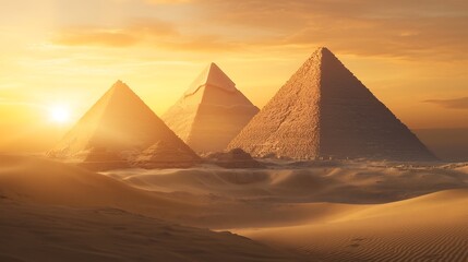 A breathtaking view of the Egyptian pyramids bathed in the golden light of the setting sun.