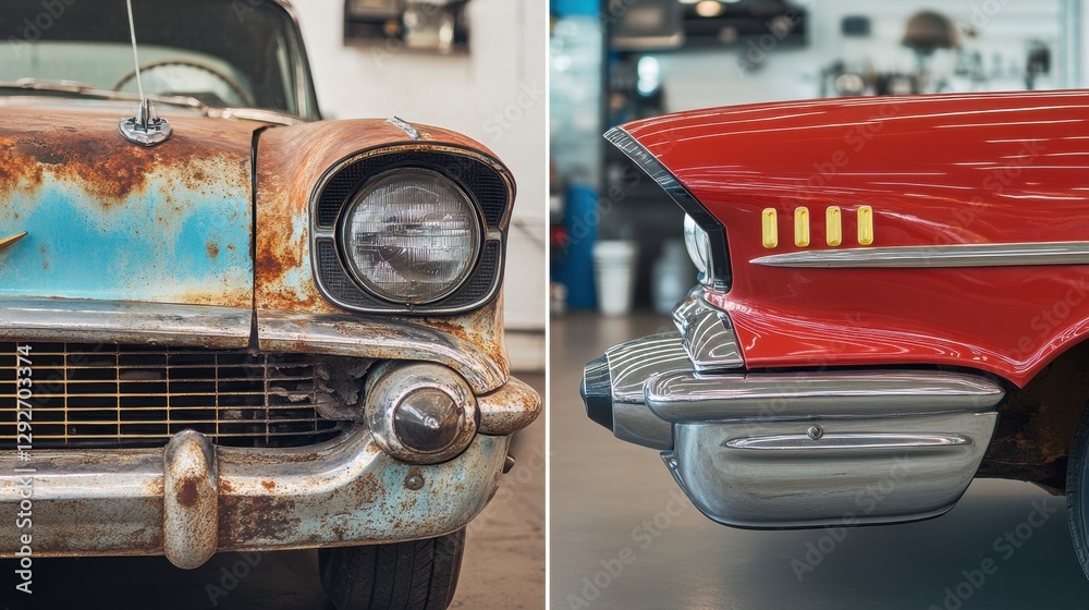 Poster classic car transformation showcasing rusty exterior on the left and polished finish on the right in