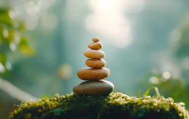 Obraz premium A serene stack of pebbles balanced on moss, symbolizing tranquility and harmony in a natural setting.