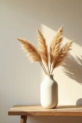 Sunlit Pampas Grass in a Modern Vase on a Rustic Wooden Shelf