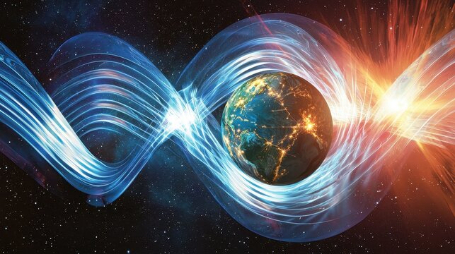 A radiant celestial bridge forms above Earth linking two dimensions through glowing energy