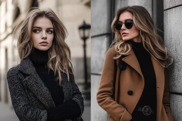 Casual messy look and elegant stylish outfit transformation in urban fashion photography. Generative AI