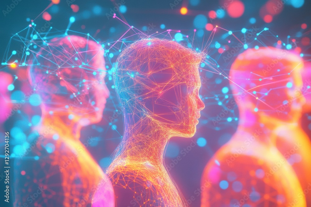 Poster Colorful 3D avatars connected by glowing network lines forming a vibrant digital social media representation. Generative AI