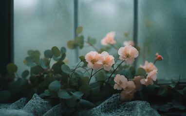 Delicate pink flowers blooming beside a misty window, creating a serene and tranquil atmosphere indoors.