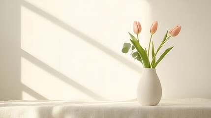 Delicate pink tulips in a white vase casting soft shadows, creating a serene and elegant ambiance.