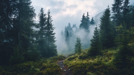Obraz premium Mysterious misty forest with pine trees