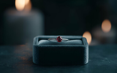 Elegant ruby ring displayed in a luxurious velvet box, perfect for proposals and special occasions.
