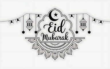 Elegant Eid Celebration with Mosque and Hanging Lanterns. Crescent Moon and Mosque Under a Starlit