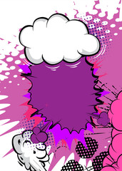 Cartoon purple and white background, comic book backdrop. Retro vector comics pop art design.