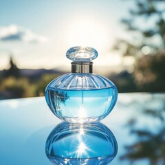 Blue perfume bottle outdoors, sunset reflection