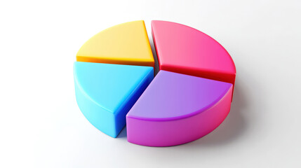 Fototapeta premium The colorful cartoon pie chart is divided into four parts. The pie chart is made of plastic and placed on a white surface. The concept of data presentation. Business report. Analysis