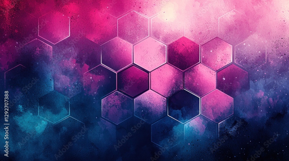 Poster Abstract Hexagonal Pattern with Vibrant Colors and Space Elements