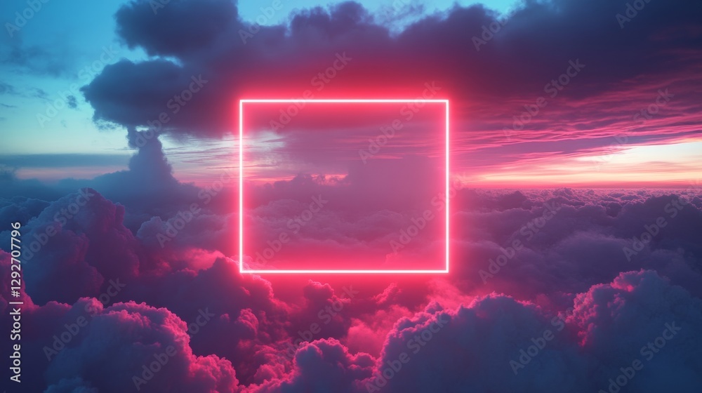 Poster neon pink square hovering over dramatic sunset clouds, surreal atmosphere. abstract art and futurist