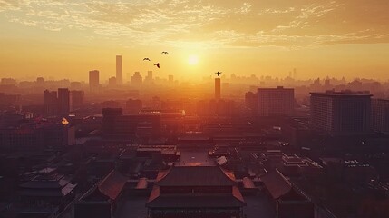 Sunrise over a sprawling city with birds in flight