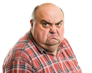 Angry man with frown, wearing plaid shirt, expressing frustration and displeasure. His facial expression conveys strong emotions, suitable for various contexts