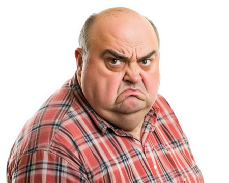 Angry man with frown, wearing plaid shirt, expressing frustration and displeasure. His facial expression conveys strong emotions, suitable for various contexts