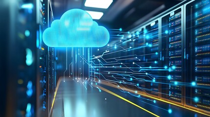 Futuristic high tech data center with endless server racks illuminated circuits and a floating holographic cloud above representing modern cloud storage and networking technology