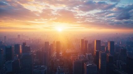 Fototapeta premium Spectacular urban skyline illuminated by the warm glow of sunrise