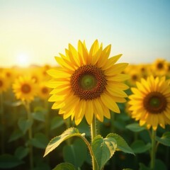 Obraz premium Golden sunflowers bask in vibrant sunlight, endless field , sunny day, nature photography, bright light