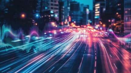 Fototapeta premium Busy urban road with abstract sound waves colorful display in evening rush hour activity. Generative AI