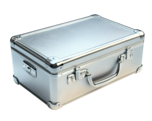 sleek metallic suitcase with shiny finish, perfect for travel or storage. Its durable design and elegant appearance make it ideal choice for modern adventurers