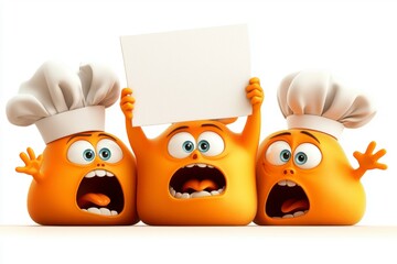 Exciting cooking contest chefs express emotions with signage in bright kitchen setting