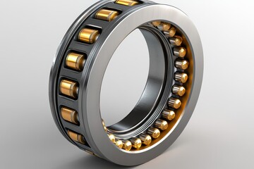 High-precision cylindrical roller bearing with gold-toned rollers. Illustrates industrial components and precision engineering.