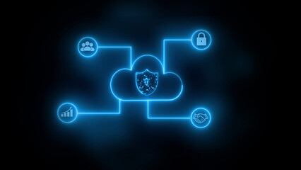 Cloud data storage interface concept. Cloud computing, wifi, money, data, and lock security