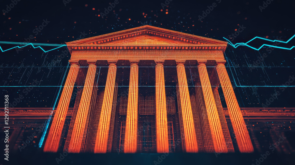 Poster digital representation of financial institution with columns and graphs , recession concept