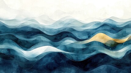 Calm Abstract Ocean Waves in Shades of Blue and Gold
