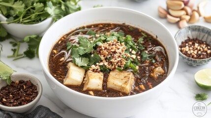 A beautifully presented bowl of Thai boat noodles with a rich, flavorful broth, crispy garlic, and fresh herbs. 
