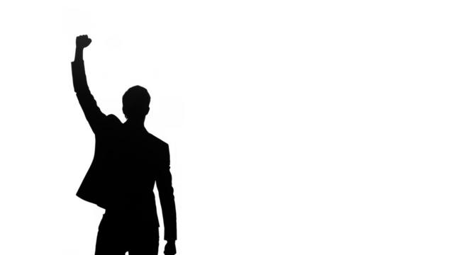 A figure raises a fist in a powerful stance, symbolizing strength, resistance, and unity. - Powered by Adobe