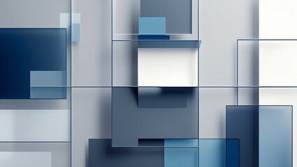 A modern geometric background with transparent overlapping squares in gray, blue, and white, conveying structure and professionalism for corporate use.