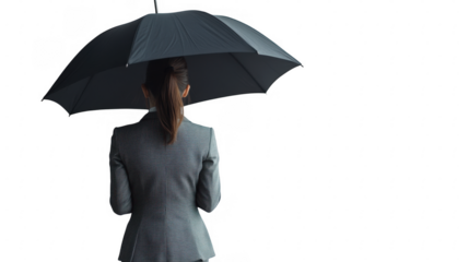 A woman stands with an umbrella, dressed in a stylish outfit, exuding elegance and mystery.