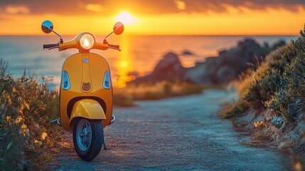 Yellow scooter on beach path, sunset glow reflecting off body â€“ A vibrant yellow scooter on a beach path with sunset glow, ideal for travel, vacation, or fun, summer-themed designs.