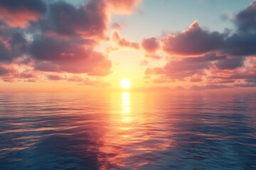 Obraz premium Tranquil Ocean at Dusk with an Orange Sky