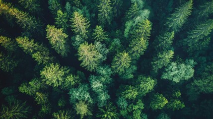 Aerial view of a forest canopy. Green trees from above.