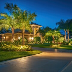 Fototapeta premium Luxurious Home Exterior at Dusk with Landscape Lighting