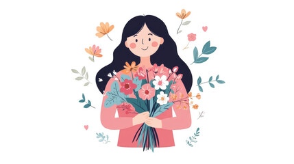 A cheerful woman holds a vibrant bouquet of flowers, surrounded by colorful floral elements, showcasing joy and nature's beauty.