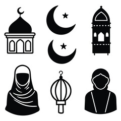 Set of hand drawn icons for holy month Ramadan Kareem Islam, muslim religion concept. Isolated vector objects. Mosque with minaret tower. Moon and date fruit. Arab man, woman in hijab. Eid ul Fitr
