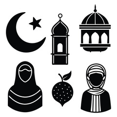 Set of hand drawn icons for holy month Ramadan Kareem Islam, muslim religion concept. Isolated vector objects. Mosque with minaret tower. Moon and date fruit. Arab man, woman in hijab. Eid ul Fitr