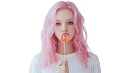 A young woman with pink hair holds a colorful lollipop in front of her face, exuding a playful and whimsical vibe.
