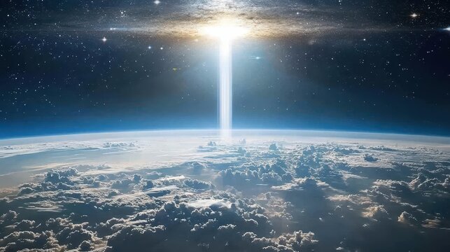 A cosmic gateway appears above Earth revealing an interstellar portal of shifting light