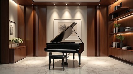 Elegant piano performance in a modern business office finance environment with soft light and musical notes