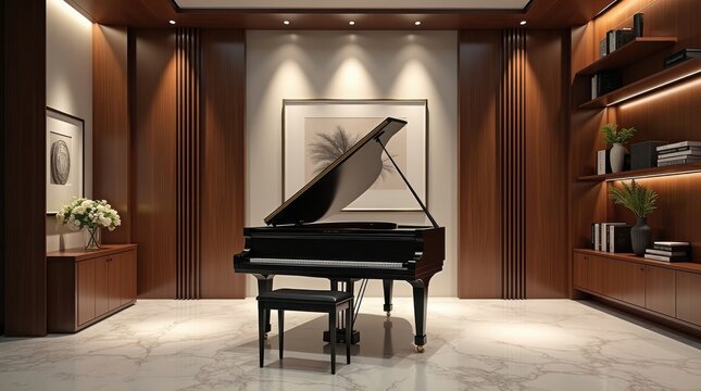 Elegant piano performance in a modern business office finance environment with soft light and musical notes